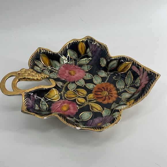 Vintage H. Bequet Hand Painted Floral Leaf Shape Trinket Bowl Wall Hanging - Picture 2 of 8